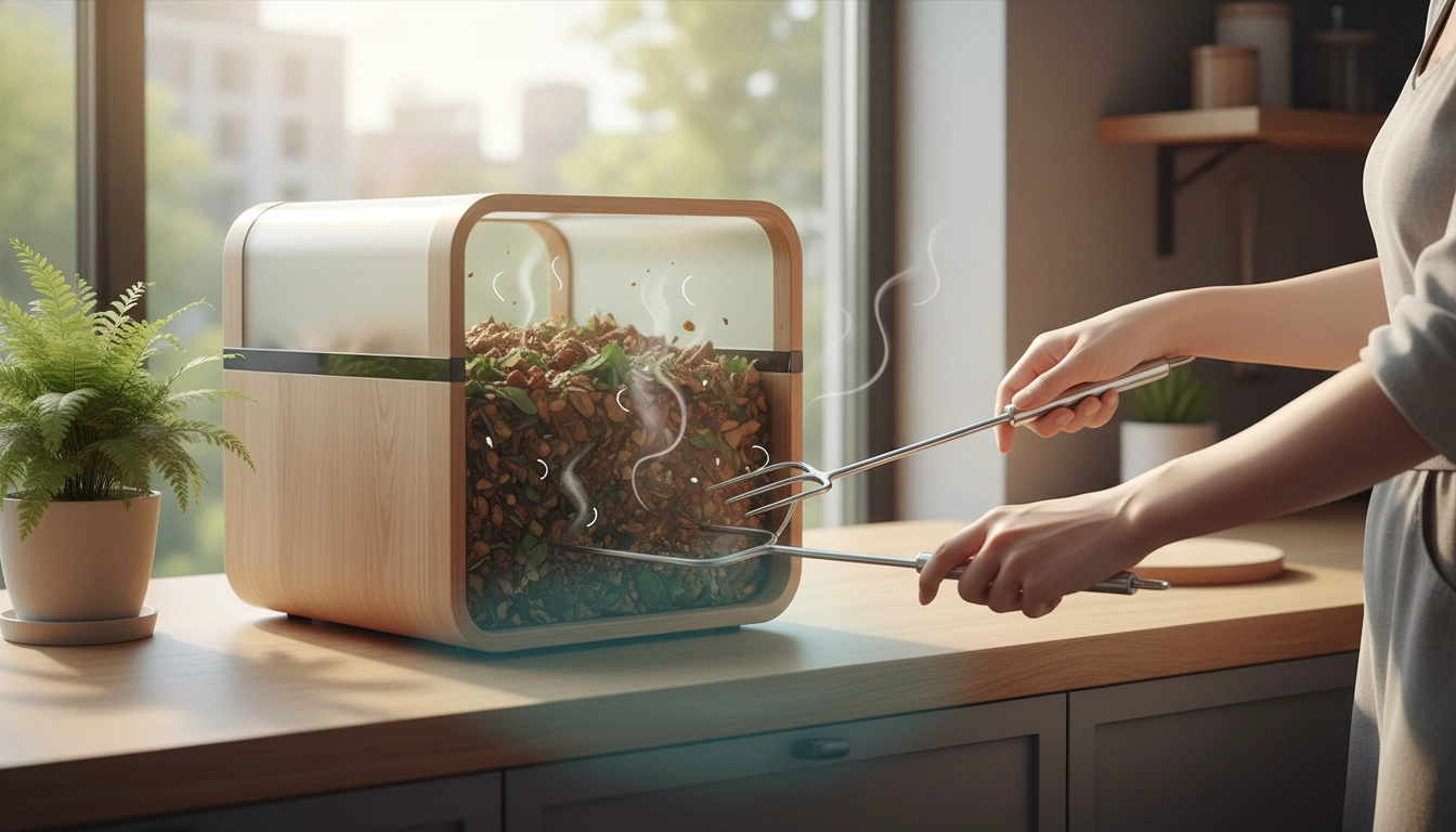 Composteur d'appartement ouvert avec matières vertes et sèches bien aérées pour éviter les odeurs de fermentation
