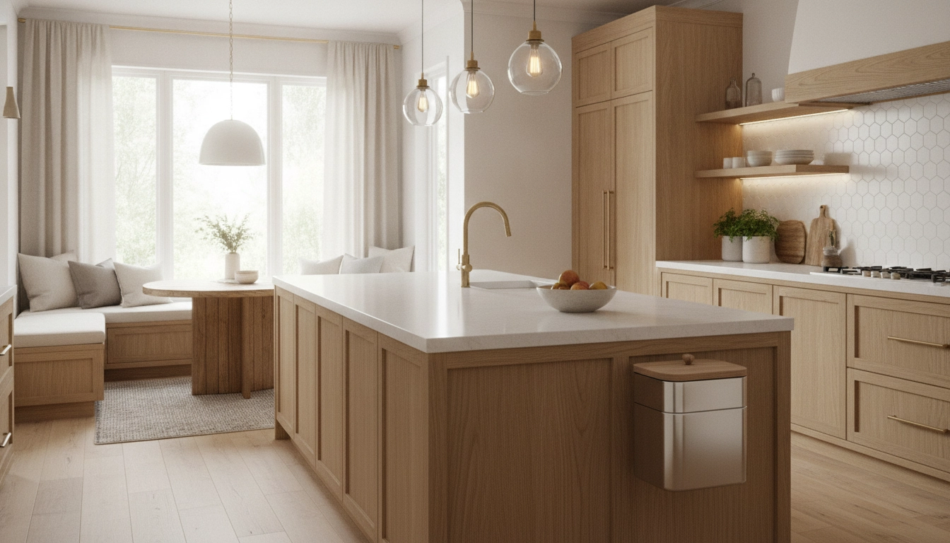 Un bac de compostage design dans une cuisine, illustrant les aliments à ne pas mettre dans le composteur appartement.