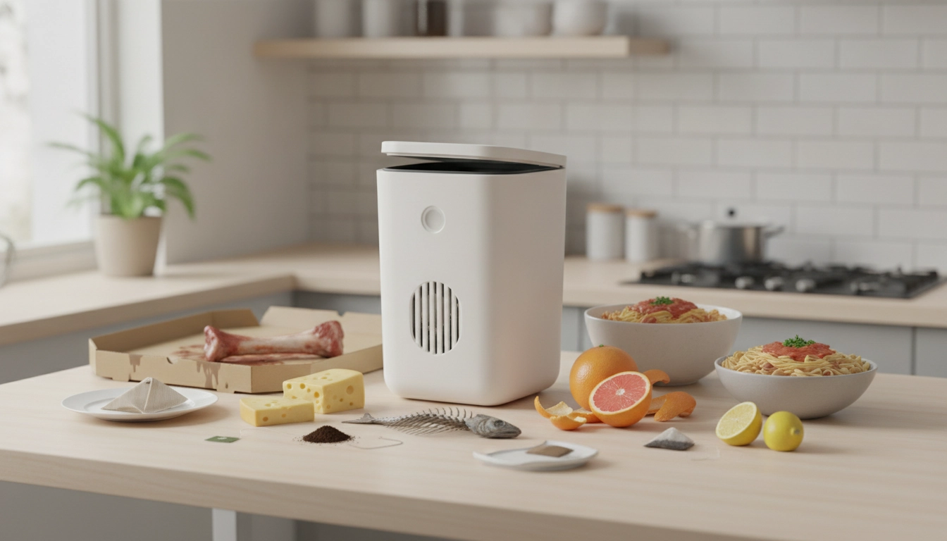 Un bac de compostage propre et bien entretenu dans une cuisine moderne pour illustrer les aliments à ne pas mettre dans le composteur appartement.