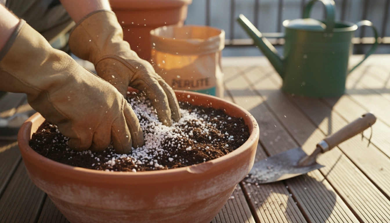 Mélange de perlite dans du terreau pour améliorer le drainage terreau balcon perlite dans un grand bac en terre cuite