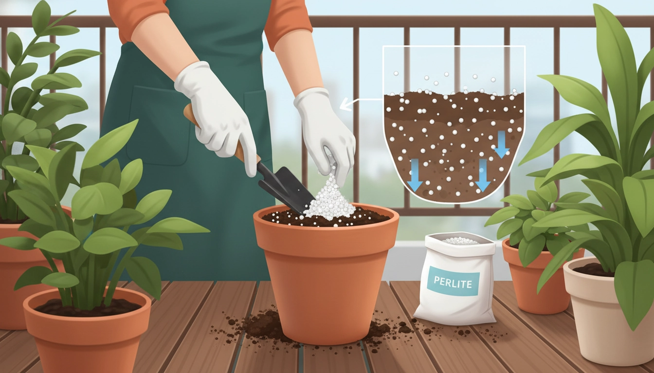 Mains mélangeant de la perlite blanche dans un terreau brun dans un bac de balcon ensoleillé