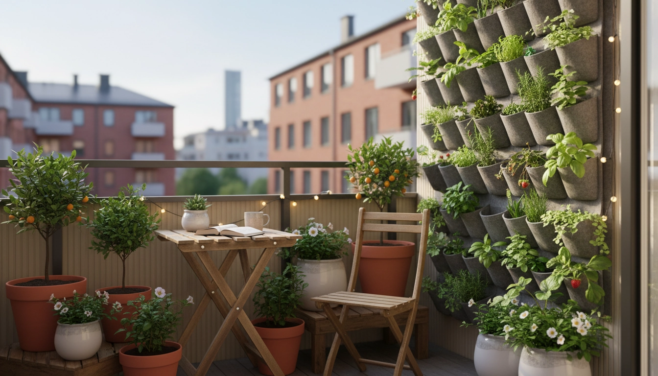 Exemple réussi d'aménager un balcon de 2m2 en jardin avec mur végétal et herbes aromatiques en pot