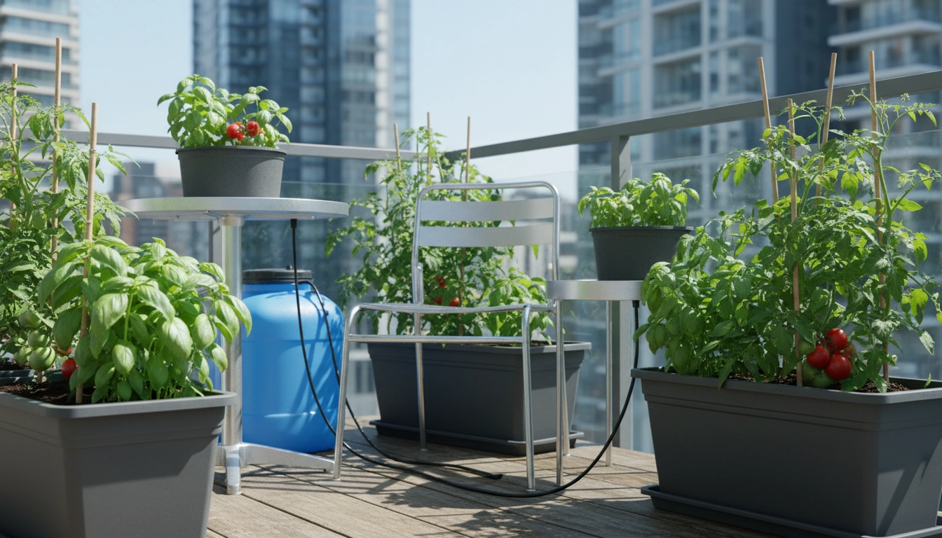 Système d'arrosage automatique pour plantes sur petit balcon de 2m² en jardin urbain