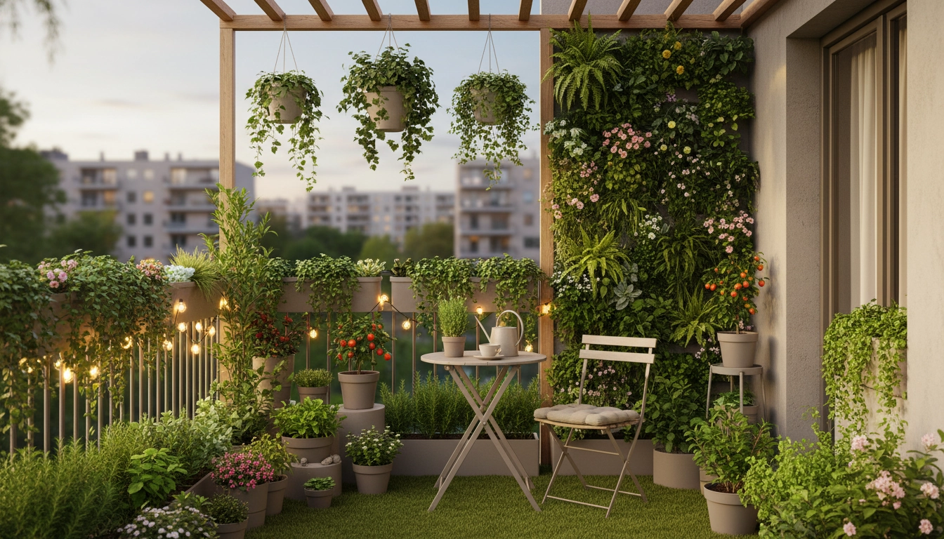 Balcon de 2m² aménagé en jardin avec plantes verticales, herbes aromatiques et mobilier compact