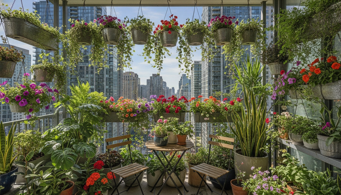 Un exemple pour aménager un balcon citadin avec jardinières suspendues toute l'année