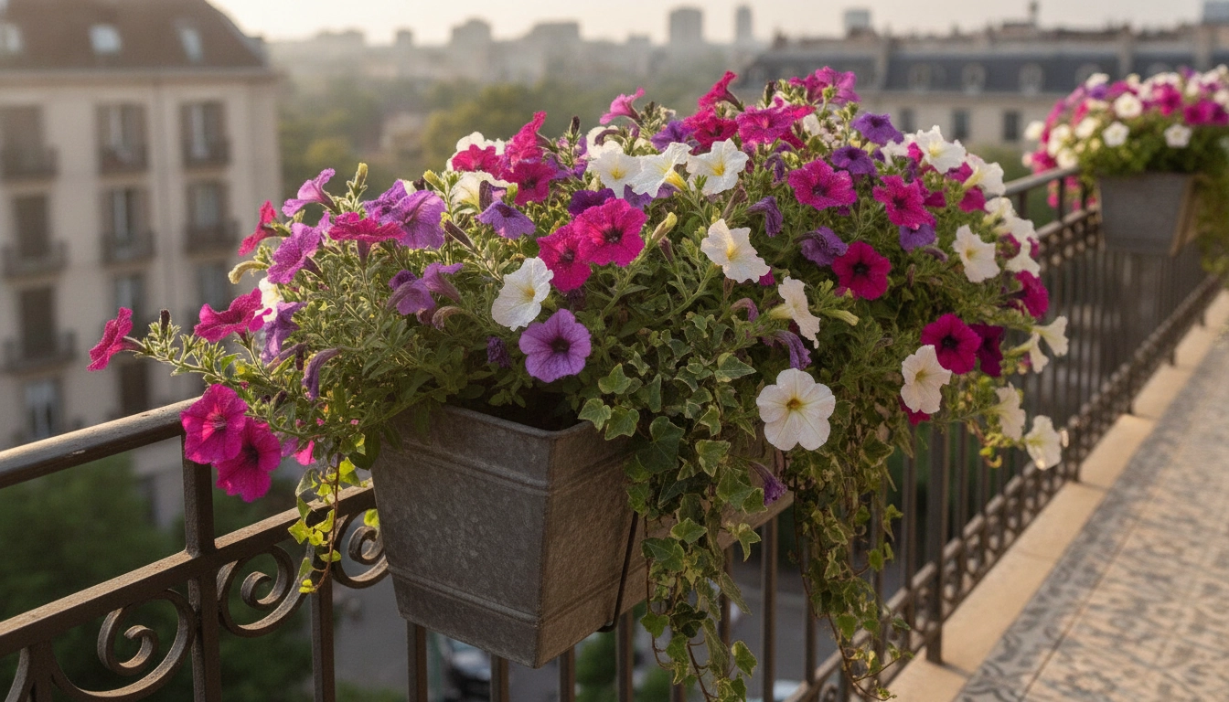 Détail de jardinières suspendues sur un balcon urbain bien entretenu