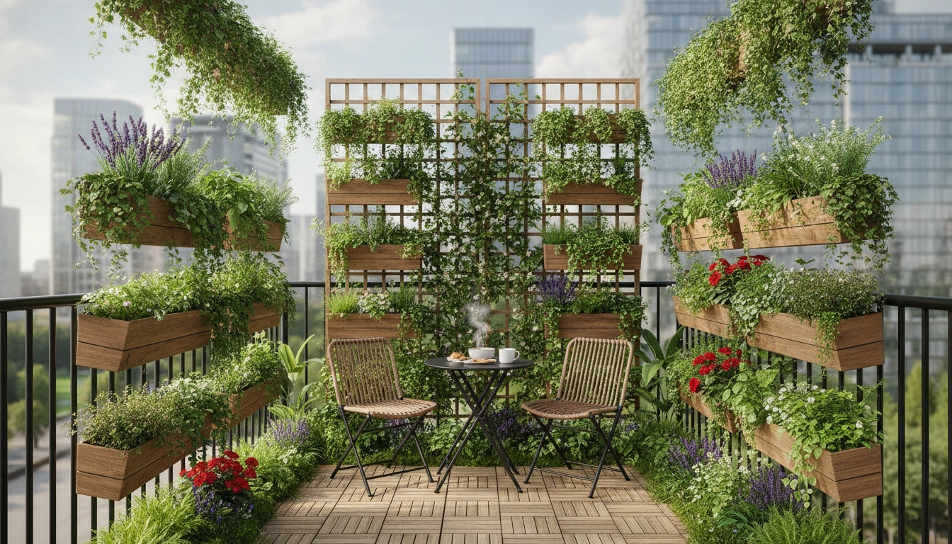 Aménager un balcon citadin avec jardinières suspendues toute l'année avec des fleurs colorées