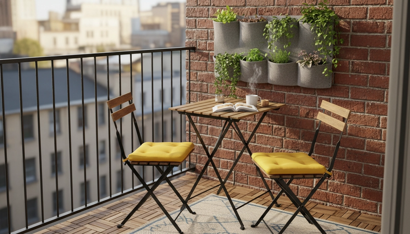 Aménager petit balcon mobilier pliable modulable astuces avec une table suspendue en bois.