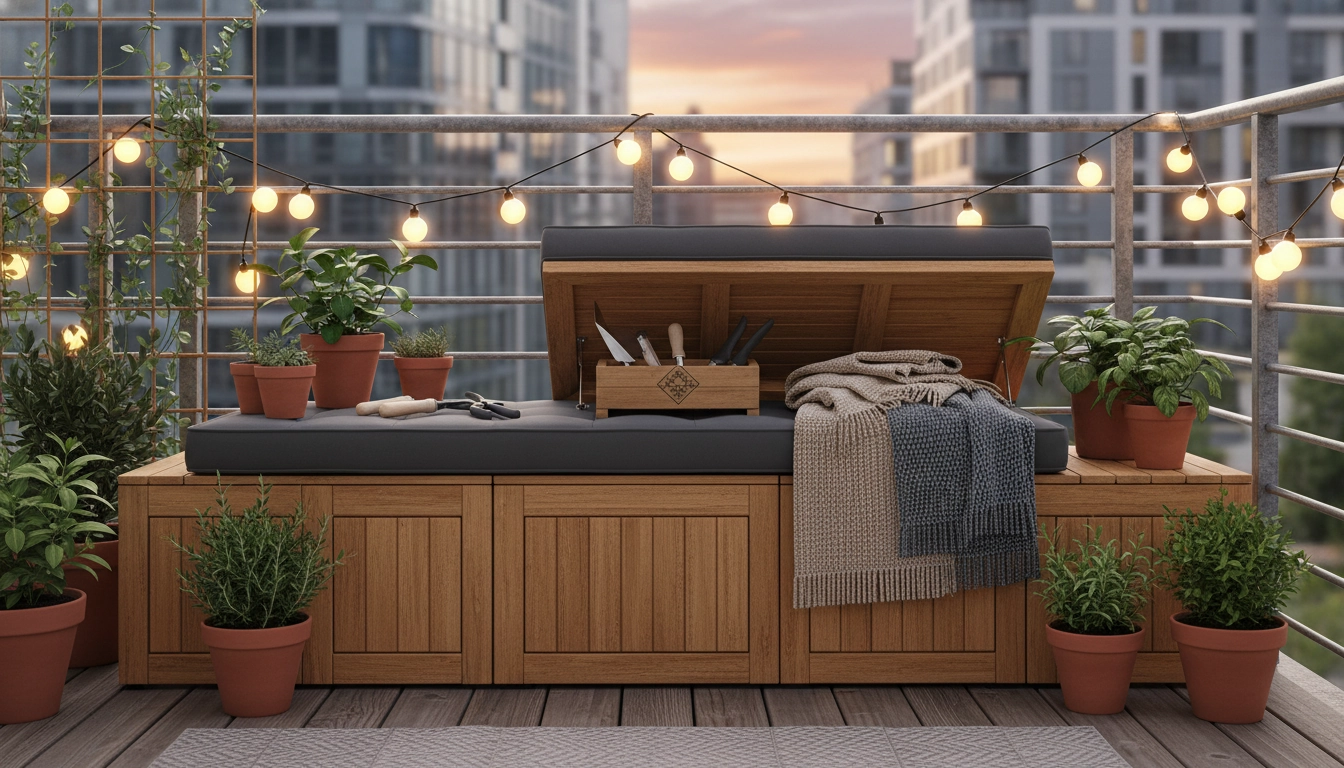Banc de rangement extérieur modulable pour optimiser l'espace d'un balcon étroit.