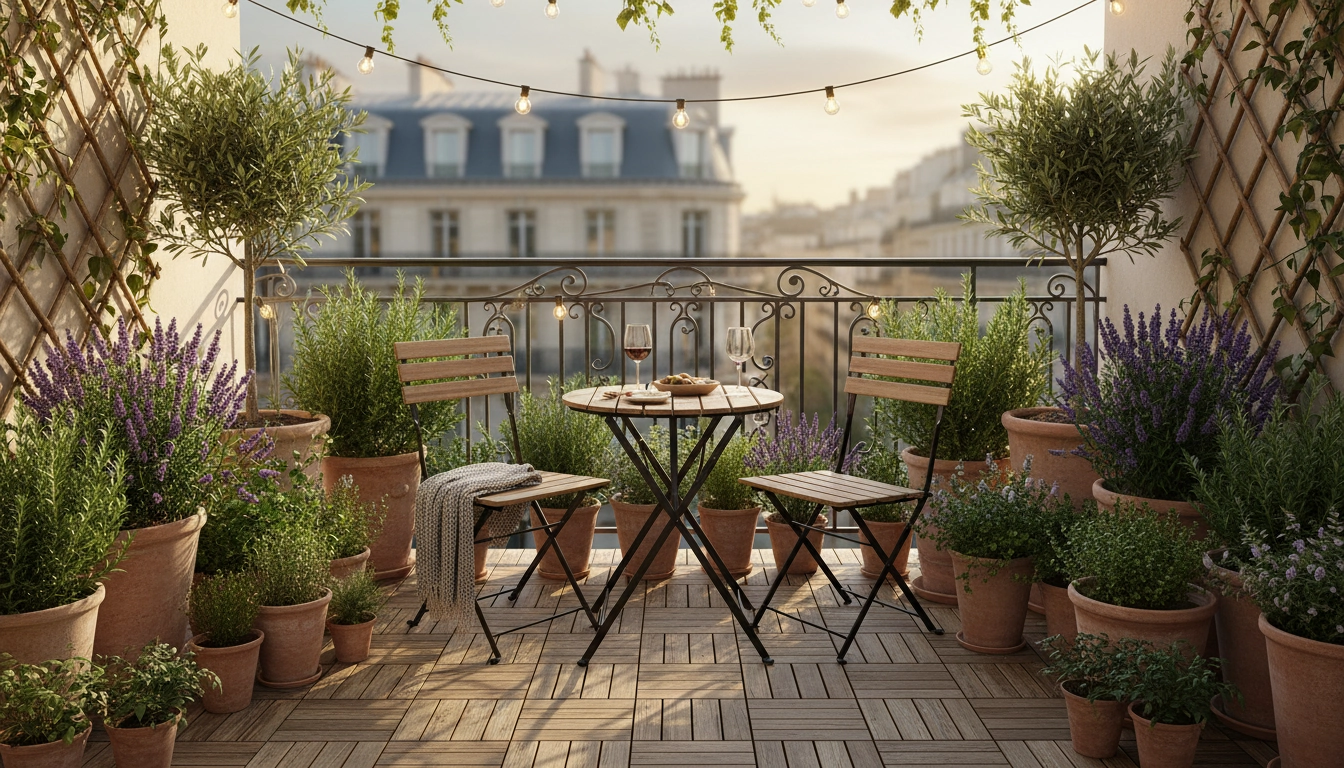 Comment aménager son balcon jardin en ville avec des plantes méditerranéennes, du mobilier en bois et des guirlandes lumineuses