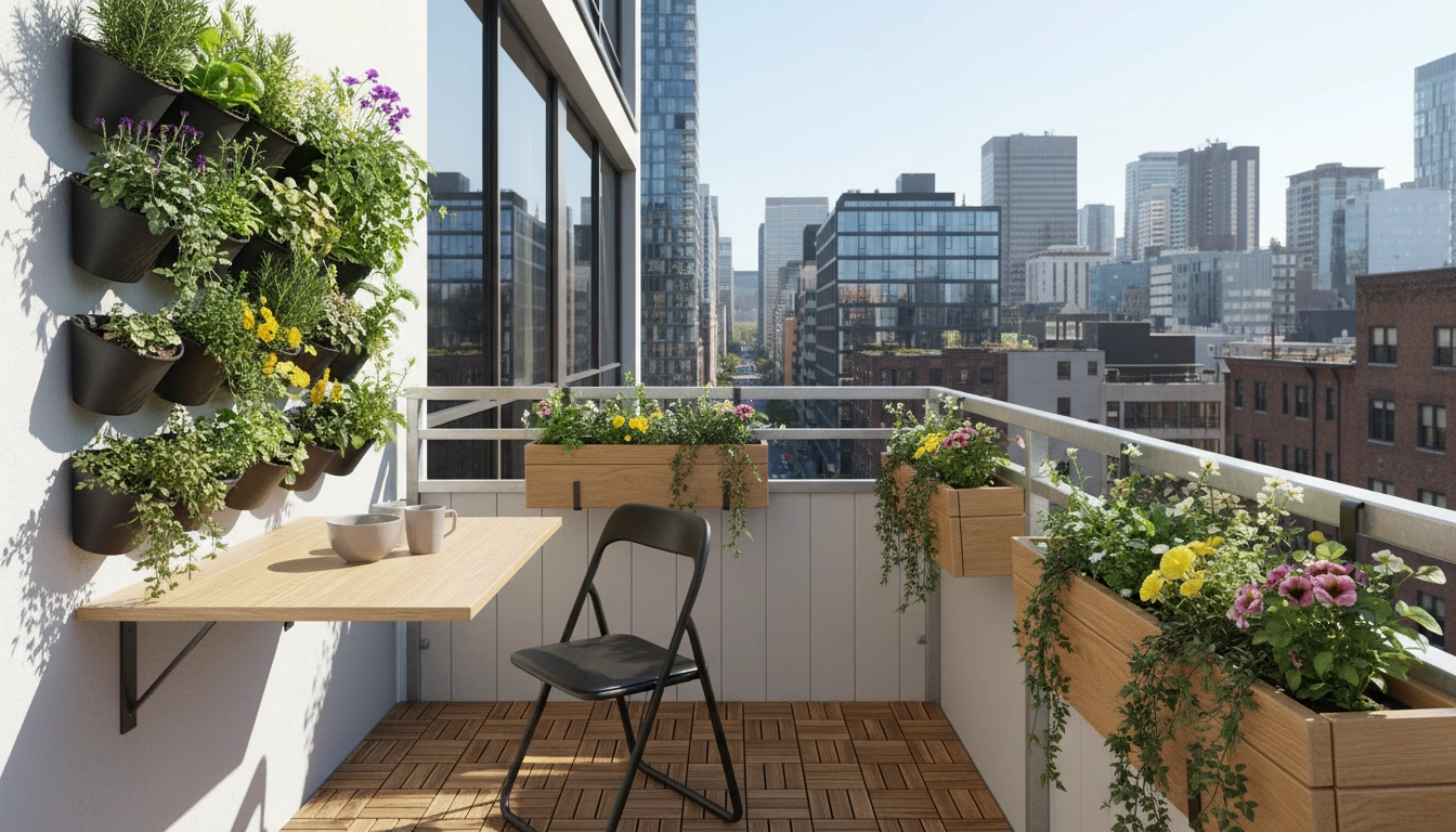 Aménagement d'un balcon petit espace avec des étagères verticales, des bacs sur rambarde et un mobilier pliable gain de place