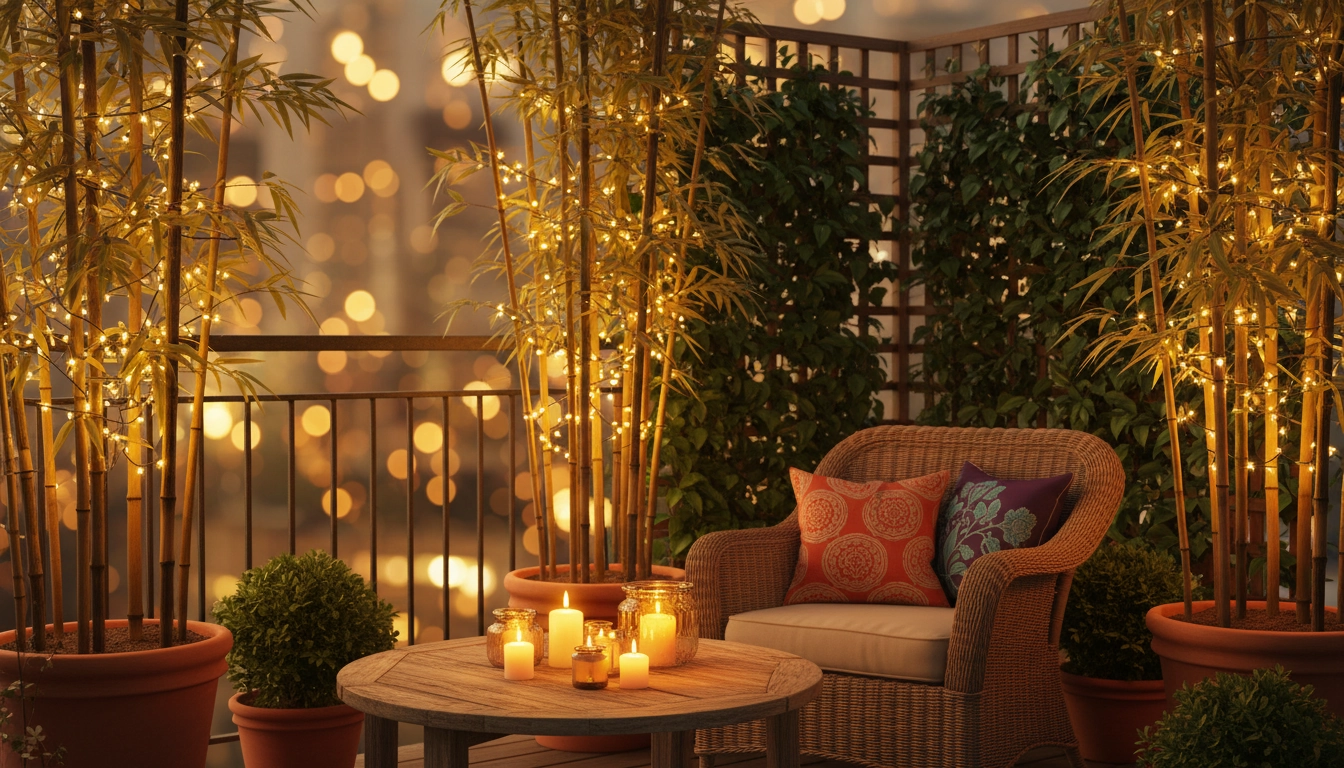 Balcon jardin décoré le soir avec des guirlandes solaires, des plantes grimpantes brise-vue et des coussins colorés pour une ambiance chaleureuse