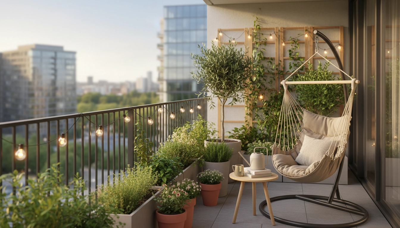 Un balcon jardin urbain aménagé avec des plantes vertes, du mobilier pliable et des jardinières colorées