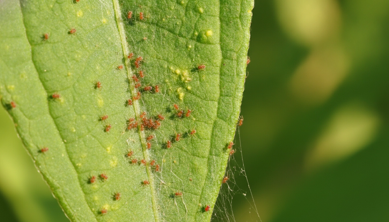 Détail de araignées rouges plantes balcon été traitement sur une feuille verte.