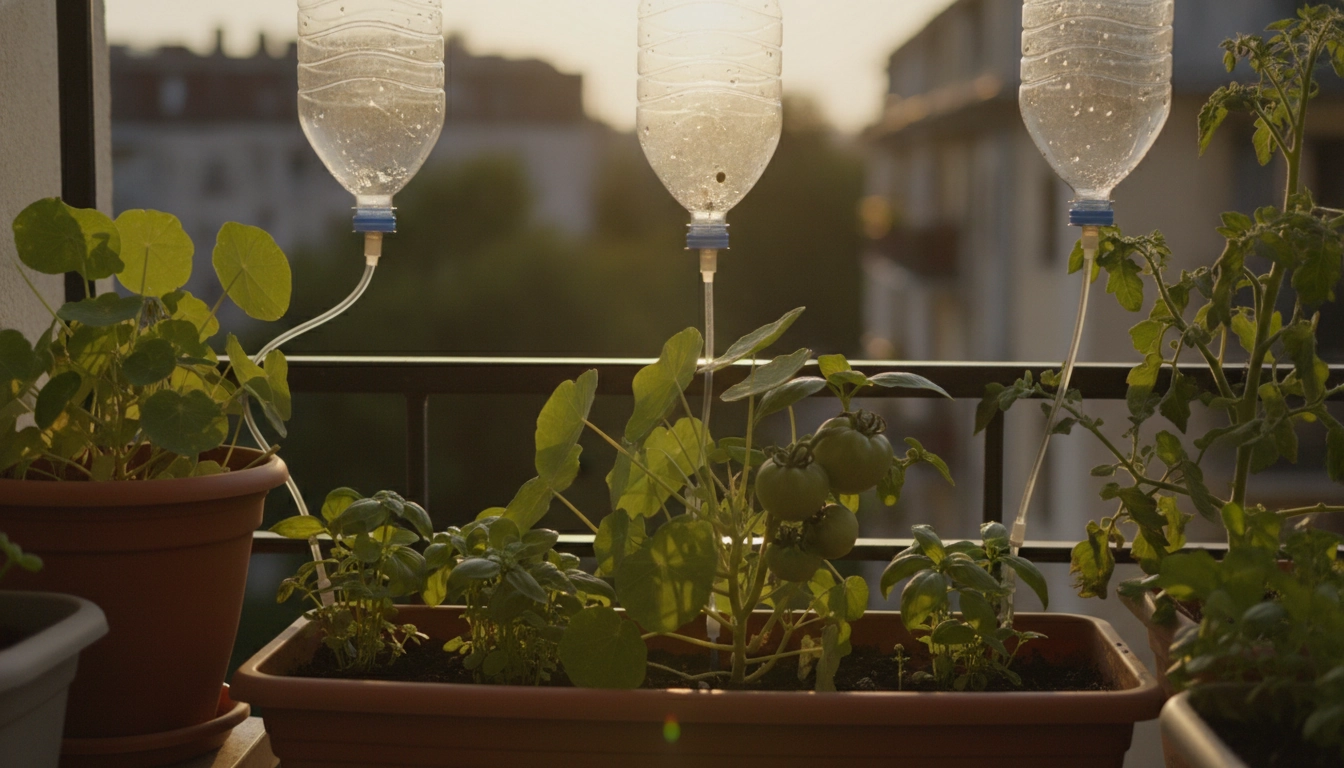 Un système arrosage automatique balcon appartement DIY installé sur des plantes en pot.