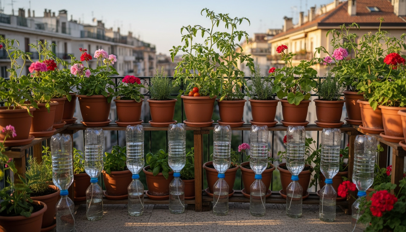 Système d'arrosage automatique DIY balcon vacances récupération avec bouteilles plastiques retournées dans des pots de tomates et géraniums