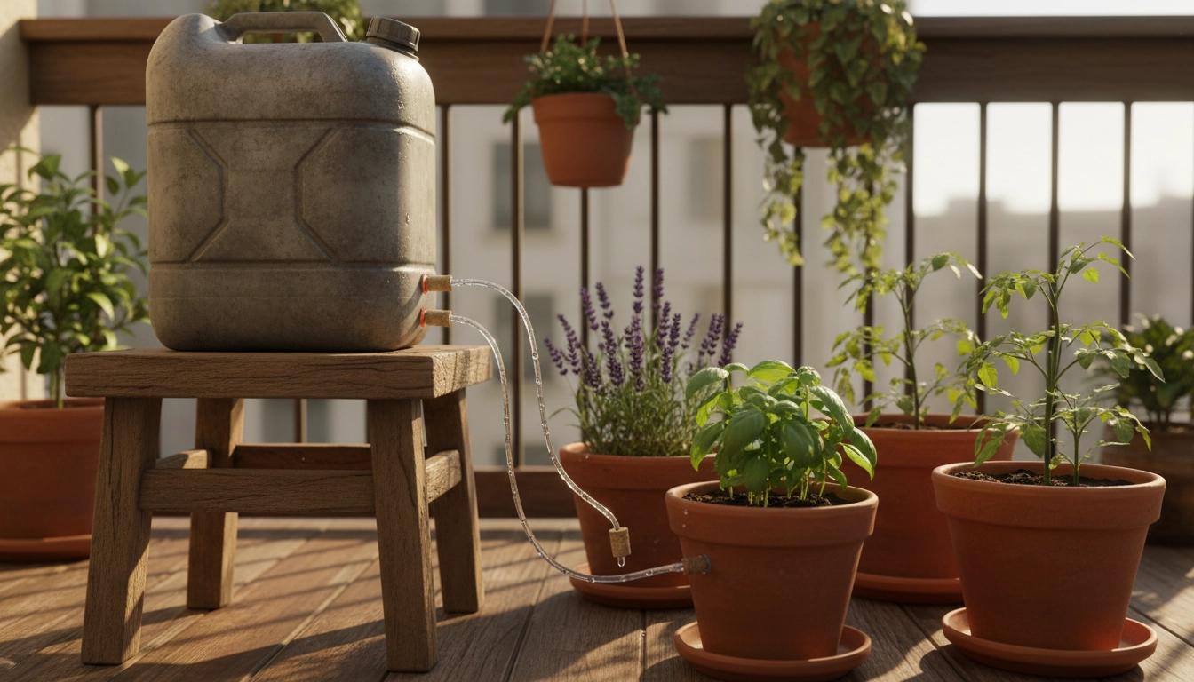 Réseau gravitaire DIY avec jerrican de récupération alimentant plusieurs pots par tuyaux fins sur un balcon d'appartement en vacances