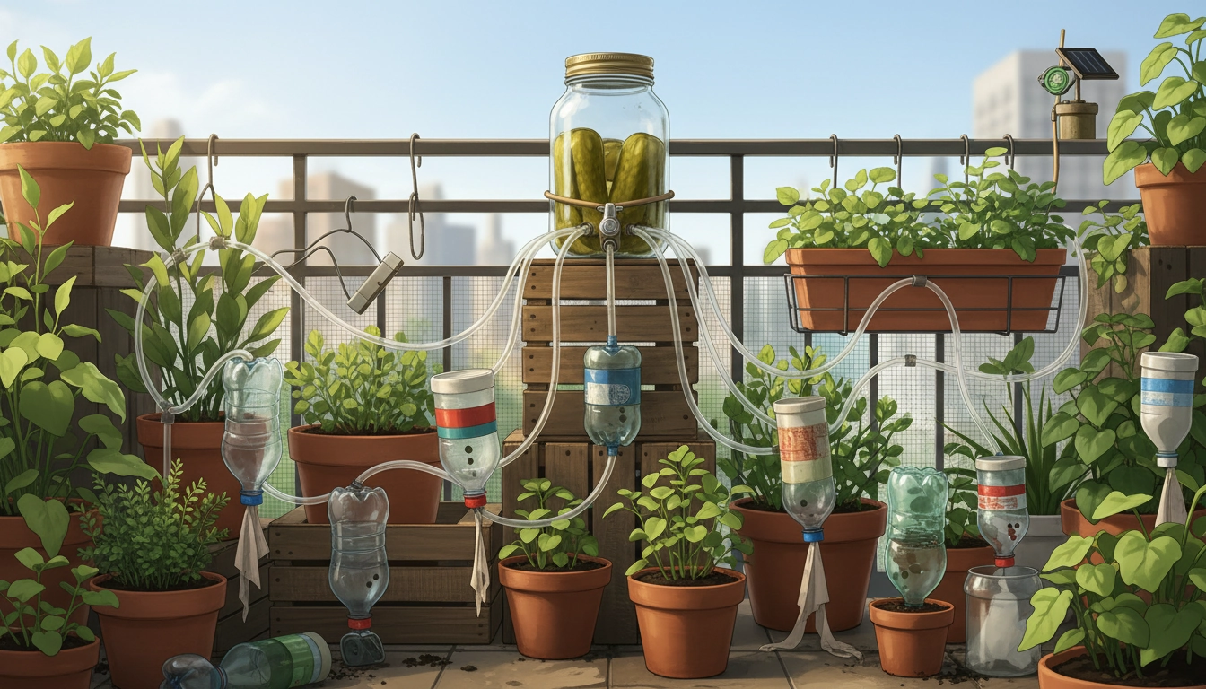 Balcon fleuri avec système d'arrosage automatique DIY fabriqué avec des bouteilles de récupération pendant les vacances
