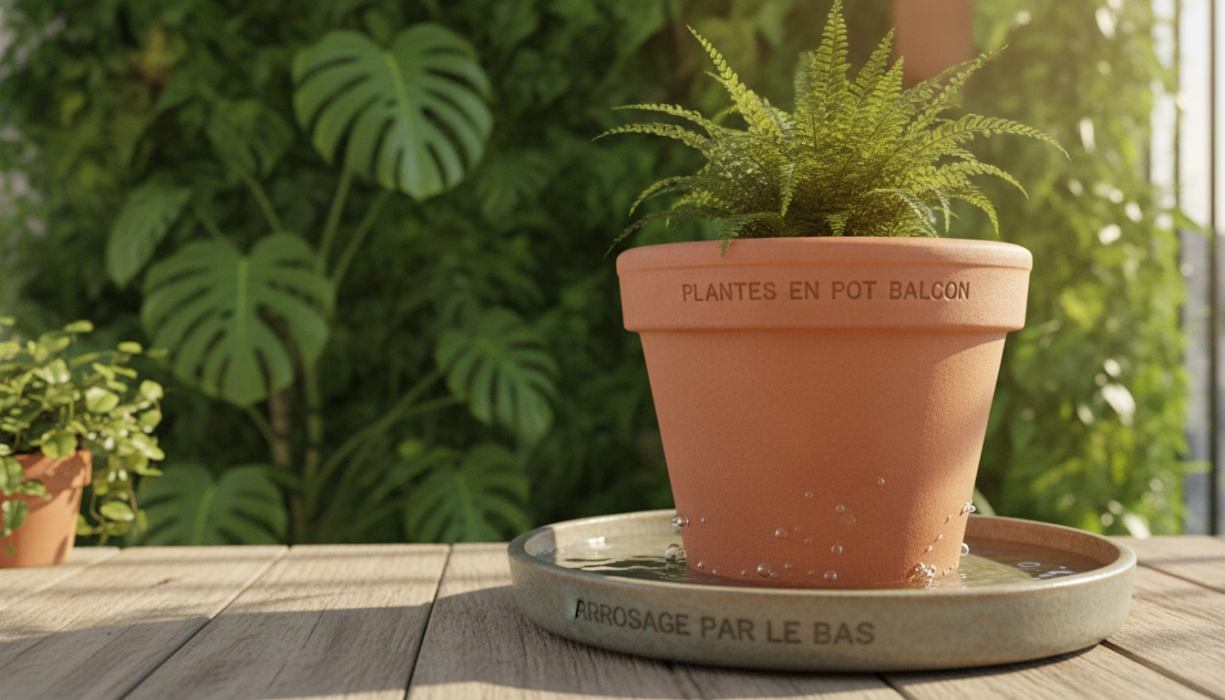 Démonstration visuelle de l'arrosage par le bas plantes en pot balcon pour une hydratation optimale.