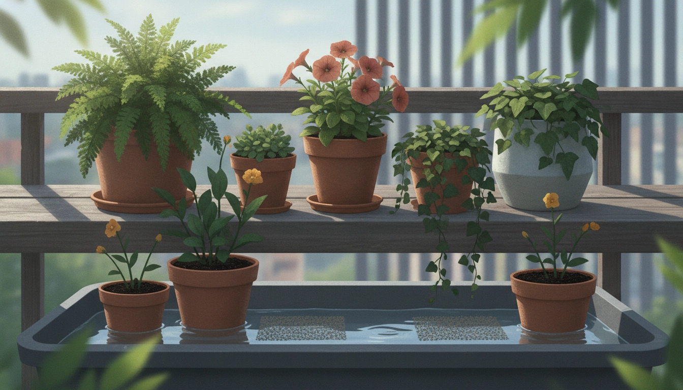 Une jardinière sur un balcon utilisant la méthode de l'arrosage par le bas plantes en pot balcon pour rester hydratée.
