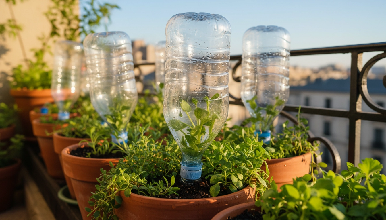 Système d'arrosage DIY balcon avec bouteilles plastiques retournées dans des jardinières en terre cuite