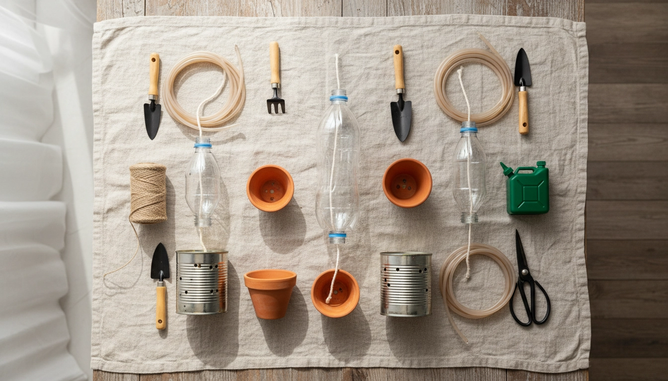 Matériaux de récupération pour fabriquer un arrosage automatique DIY sur balcon : bouteilles, mèches, tuyaux