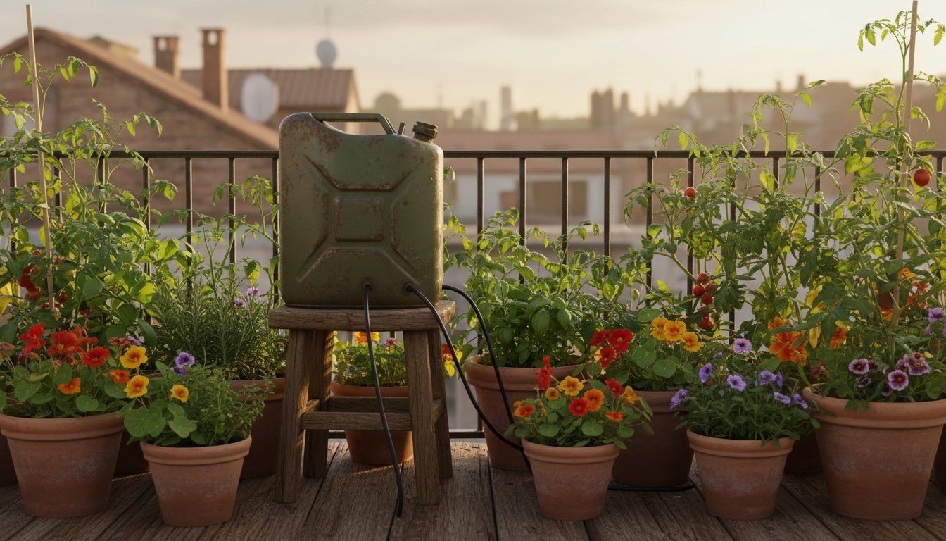 Réservoir de récupération transformé en système d'arrosage automatique gravitaire pour petit balcon fleuri