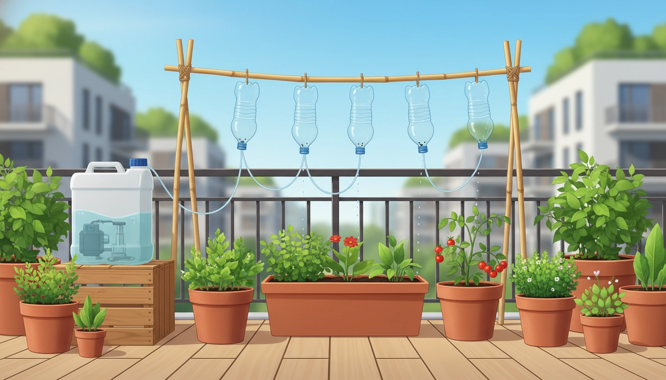 Système d'arrosage DIY balcon avec bouteilles en plastique retournées dans des pots de plantes