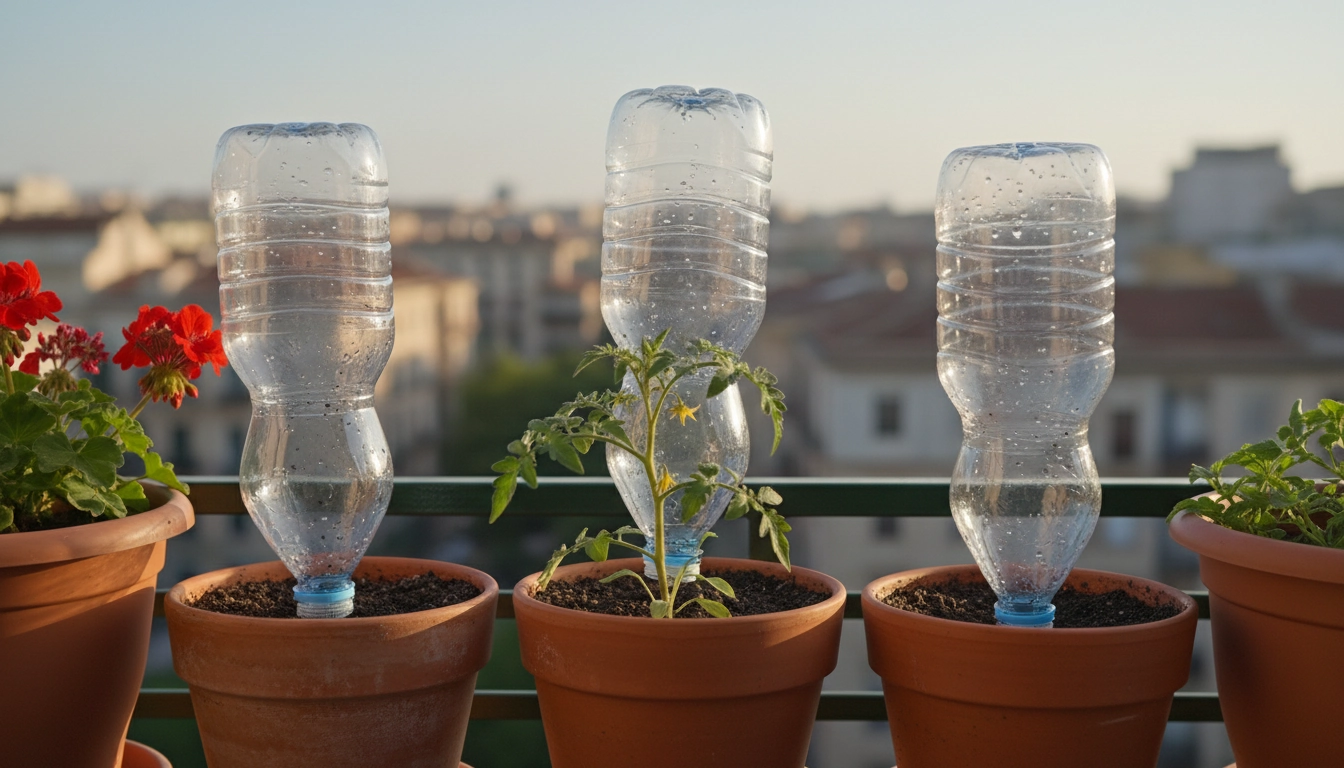 Système arrosage goutte à goutte bouteille plastique balcon avec des bouteilles retournées dans des pots de tomates et de géraniums en plein soleil