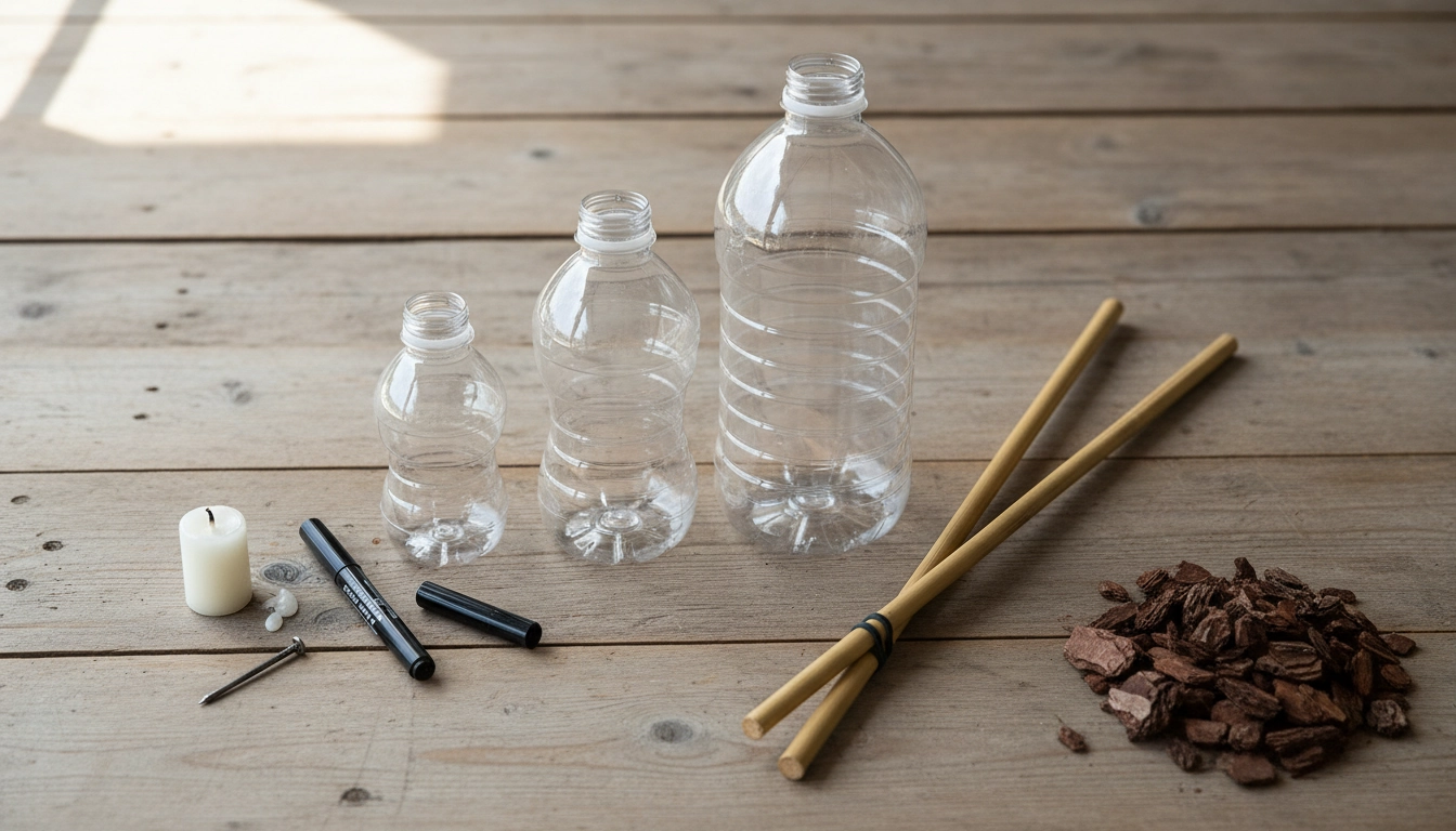 Matériel pour fabriquer un arrosage goutte à goutte DIY avec bouteilles plastique recyclées pour plantes de balcon