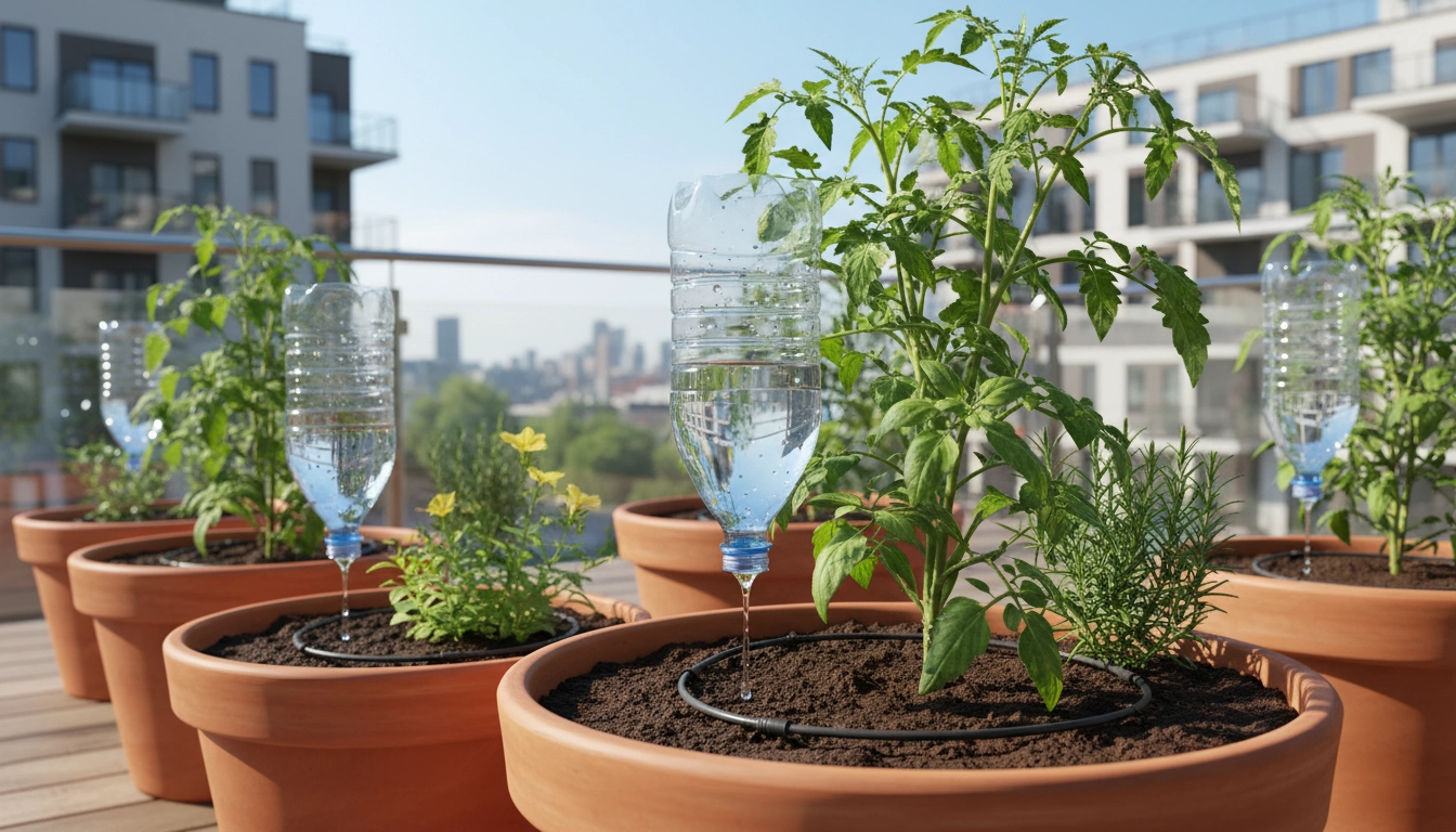 Système arrosage goutte à goutte bouteille plastique balcon avec bouteilles retournées dans des pots de tomates et de géraniums