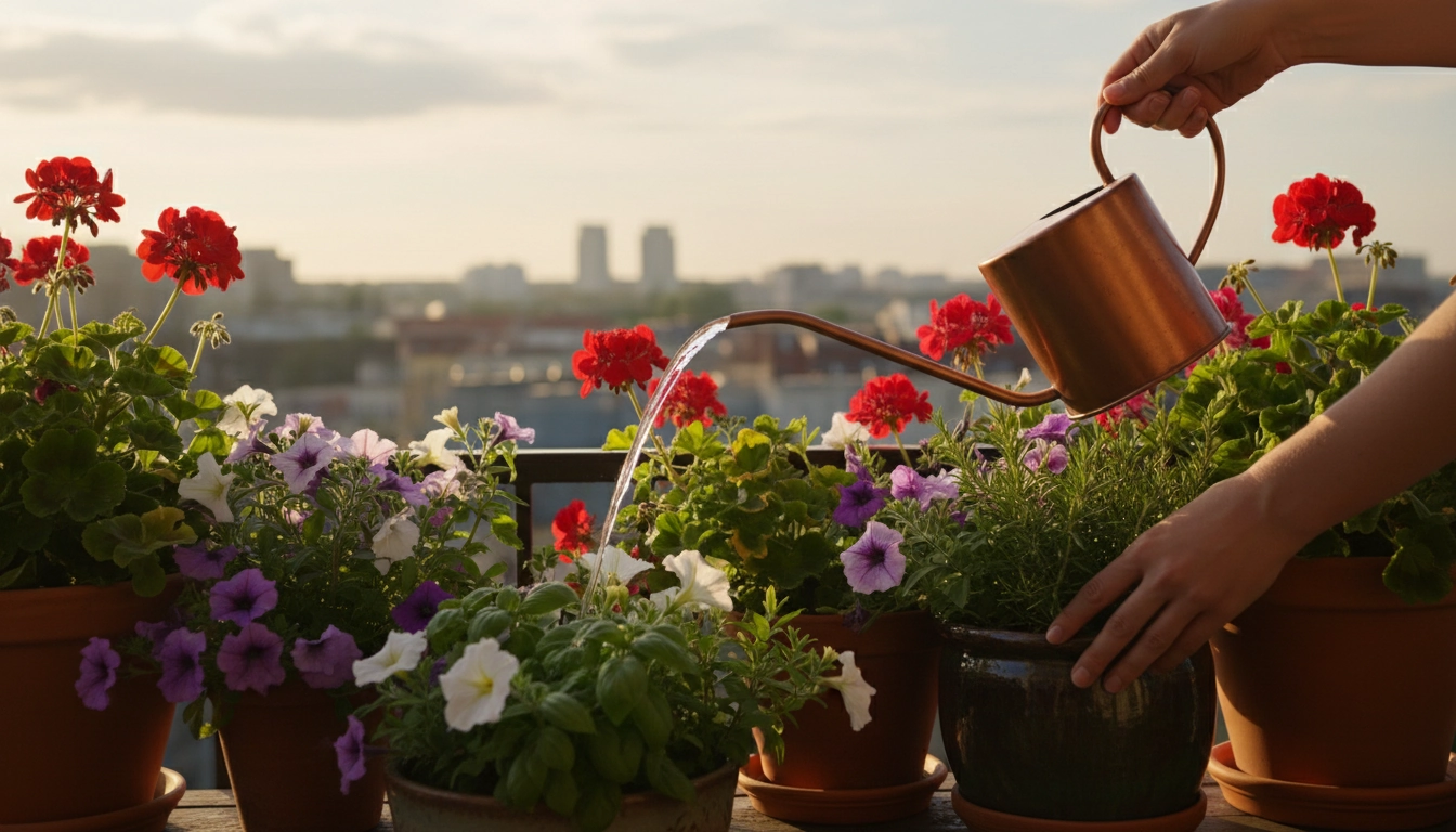 Arrosage plantes balcon avec un arrosoir à bec long au-dessus de géraniums et pétunias en fleurs sur un balcon urbain