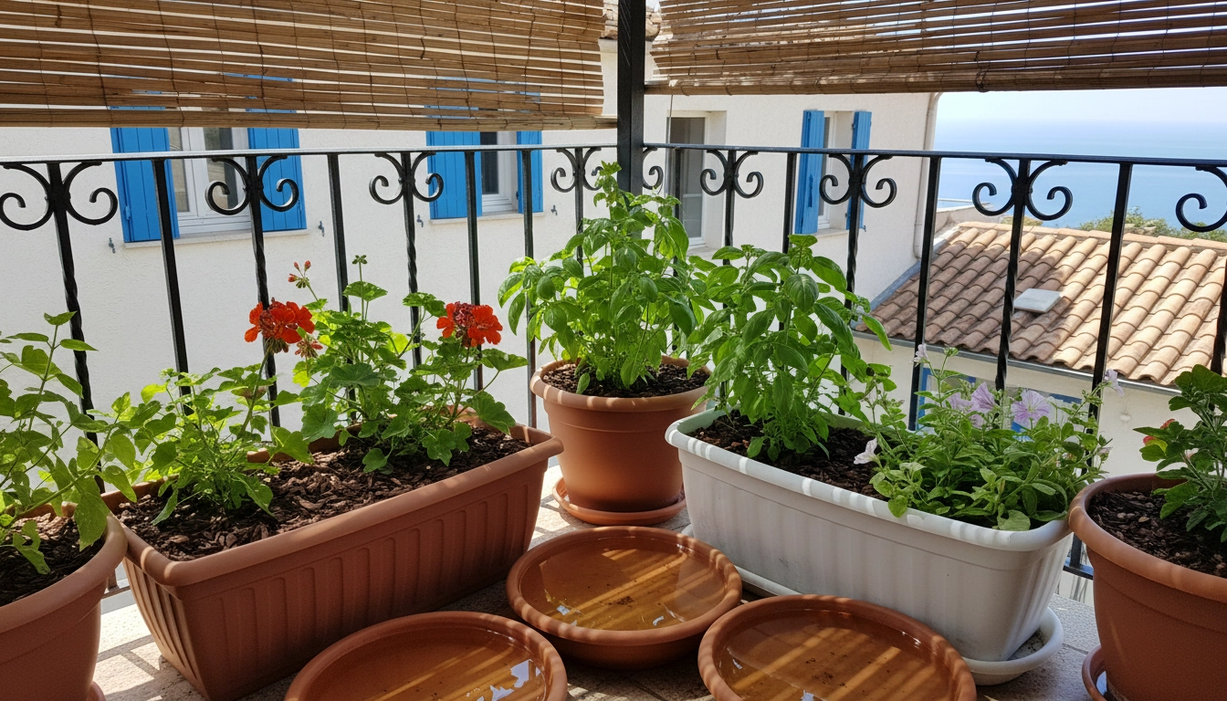 Groupe de pots sur balcon avec paillage et coupelles pour retenir l'humidité et réduire la fréquence d'arrosage
