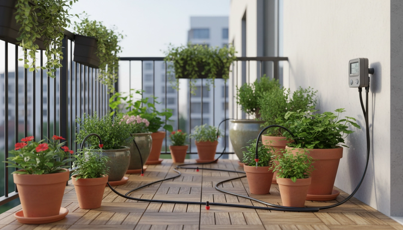 Système d'arrosage automatique goutte-à-goutte DIY installé sur un balcon d'appartement avec programmateur