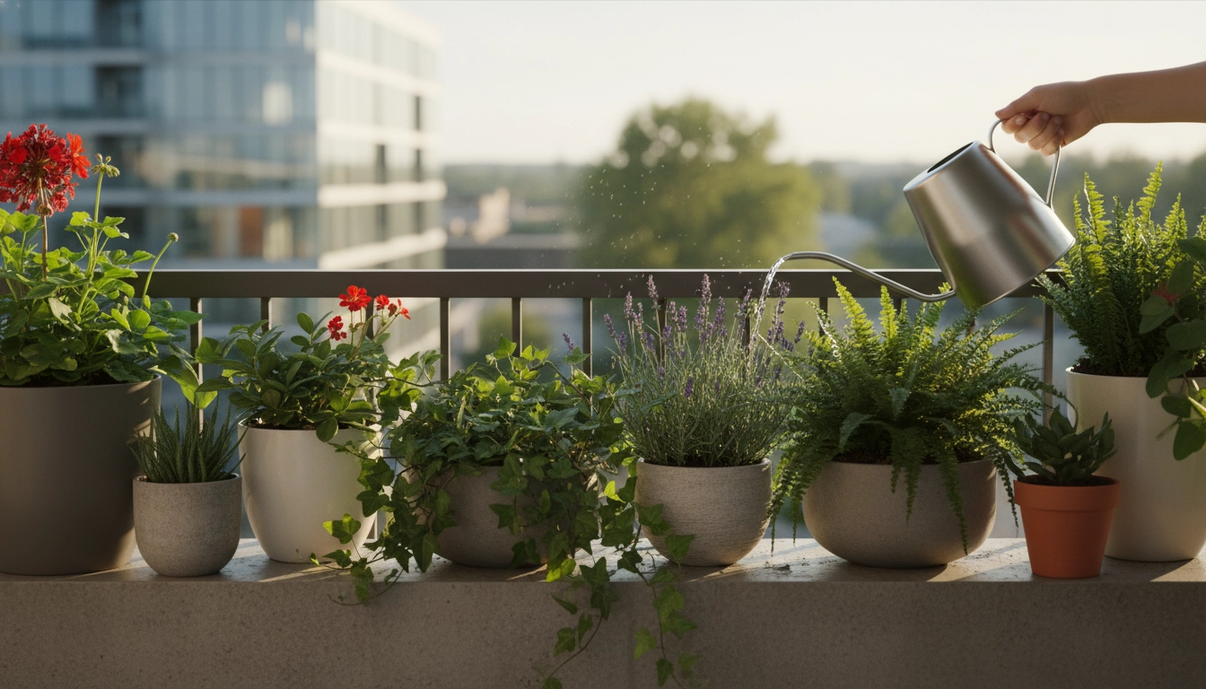 Arrosage plantes balcon avec un arrosoir à bec fin au-dessus de pots colorés en fleurs