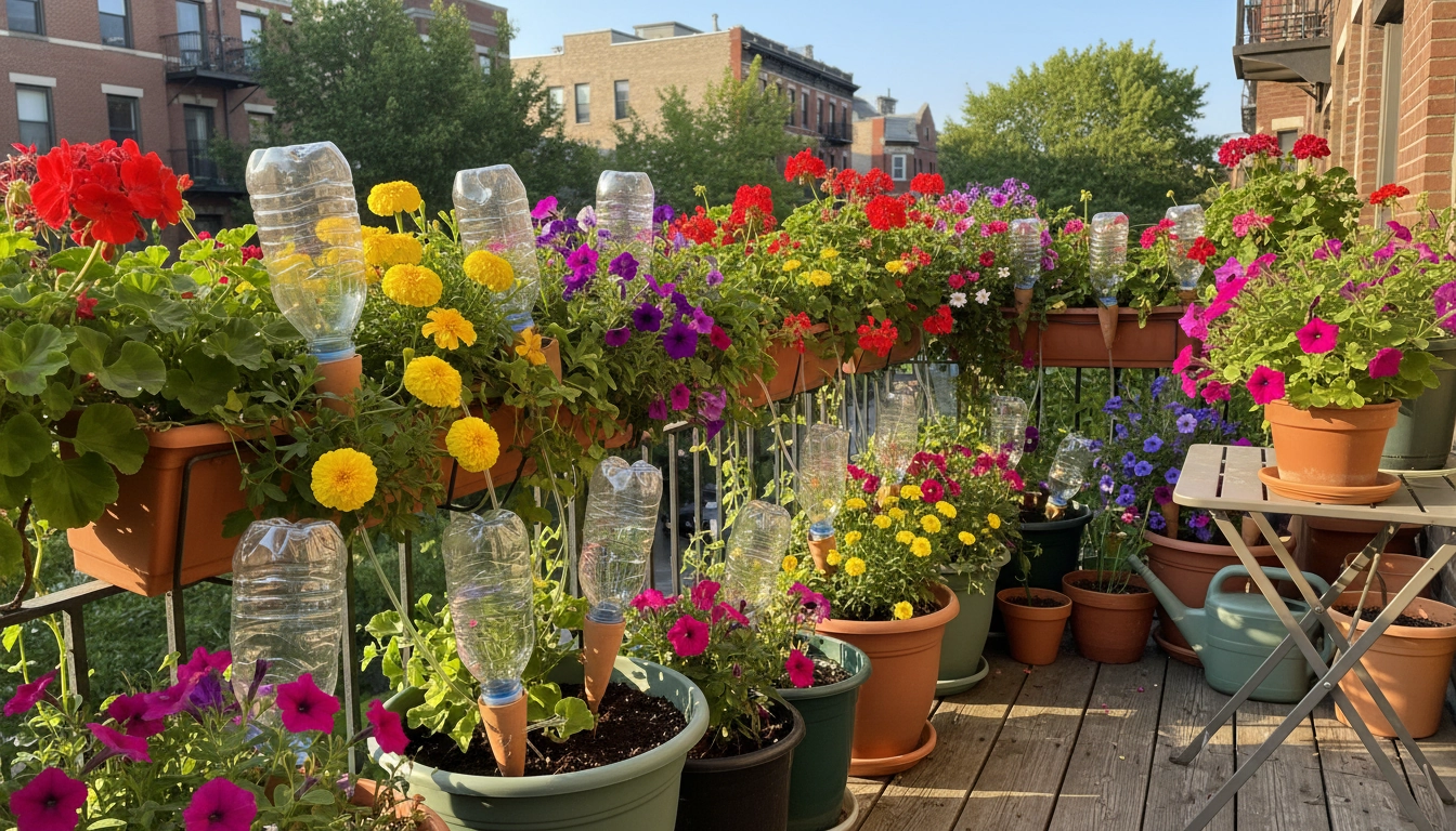 Système d'arrosage artisanal avec bouteilles retournées pour l'arrosage plantes balcon pendant vacances absence