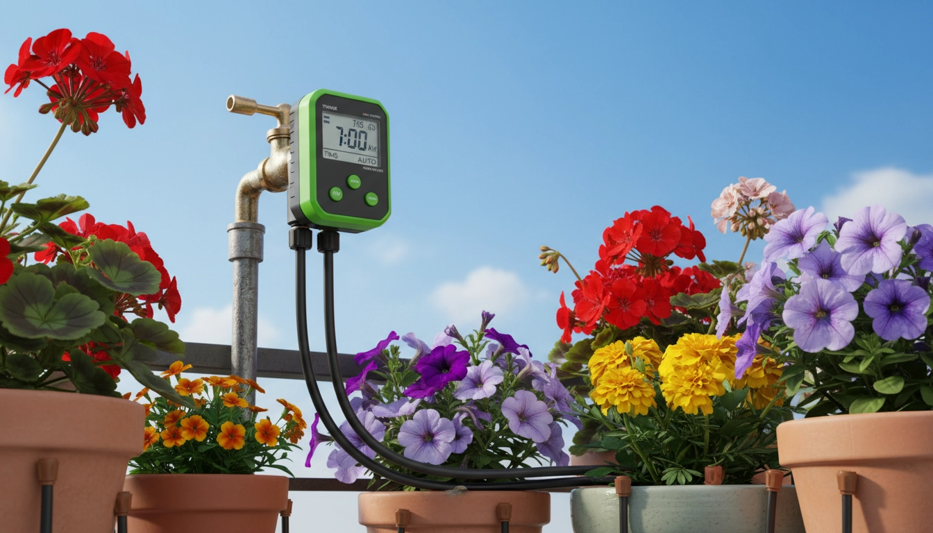 Kit d'arrosage goutte-à-goutte automatique avec programmateur pour maintenir les plantes de balcon en bonne santé pendant les vacances