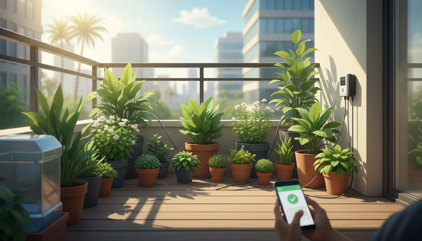 Plantes de balcon fleuries avec système d'arrosage automatique goutte-à-goutte installé avant les vacances