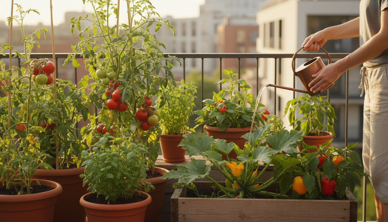 Arrosage potager balcon au lever du soleil avec arrosoir sur jardinières de légumes et herbes aromatiques