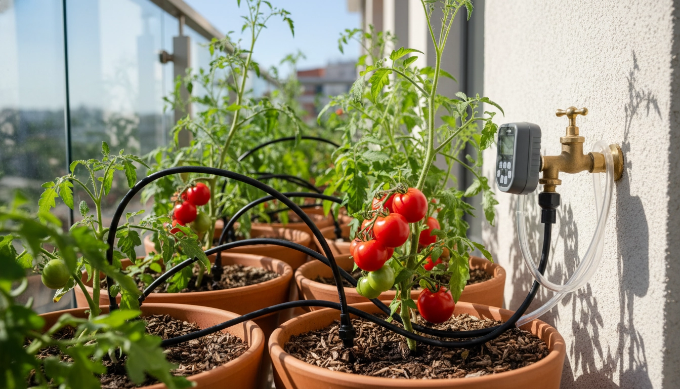 Système goutte-à-goutte automatique installé dans un potager de balcon pour arrosage sans effort