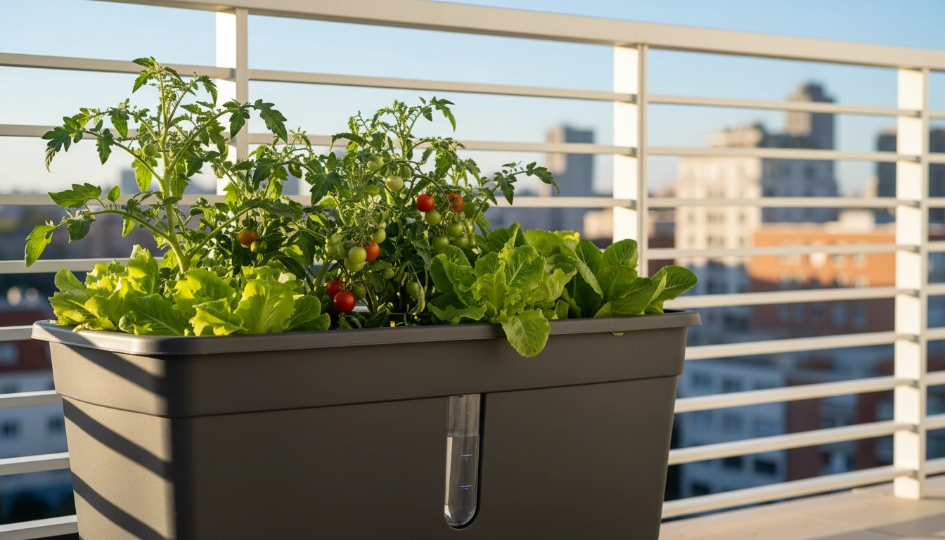 Bac avec réserve d'eau incorporée sur un balcon ensoleillé pour potager autonome et économe en eau