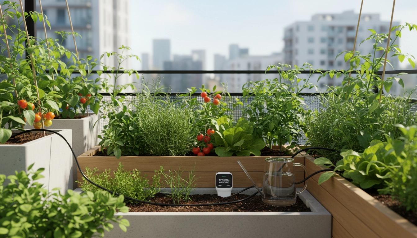 Arrosage potager balcon avec système goutte-à-goutte sur jardinières de tomates et herbes aromatiques