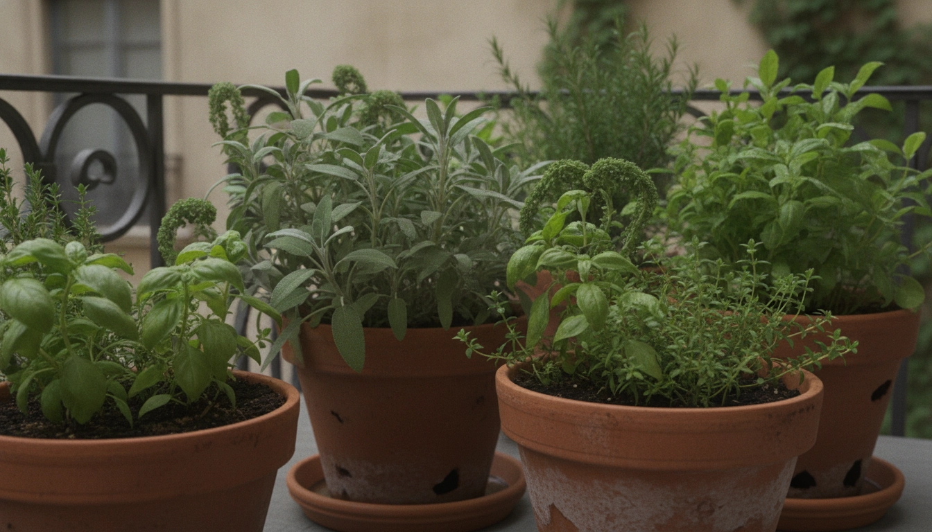 Gestion de l'arrosage potager balcon nord humidité excès avec des pots en terre cuite.