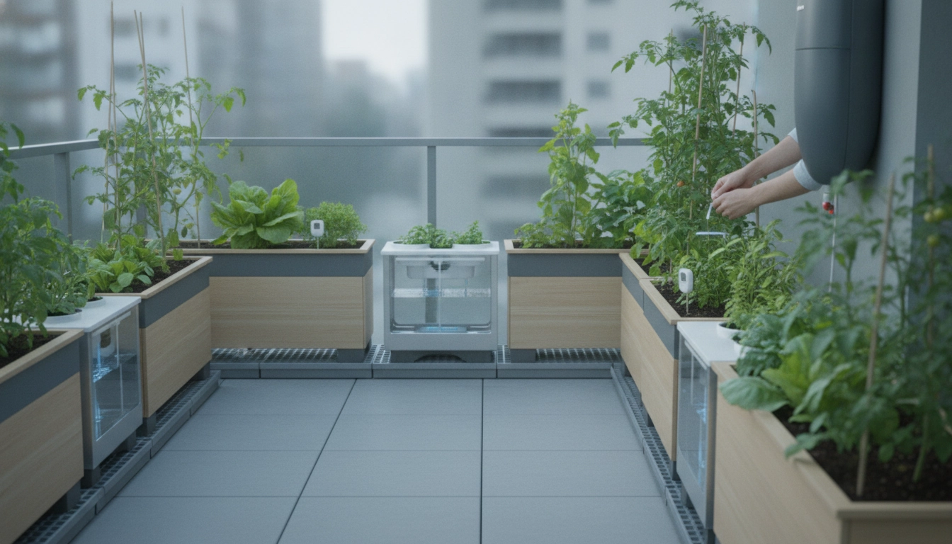 Illustration montrant un arrosage potager balcon nord humidité excès maîtrisé avec des pots surélevés.