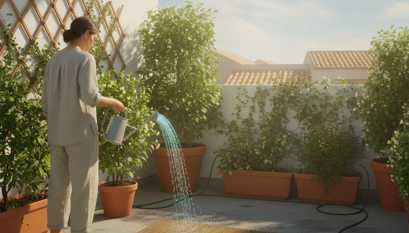 Arroser plantes grimpantes balcon canicule chaleur avec un arrosoir au petit matin
