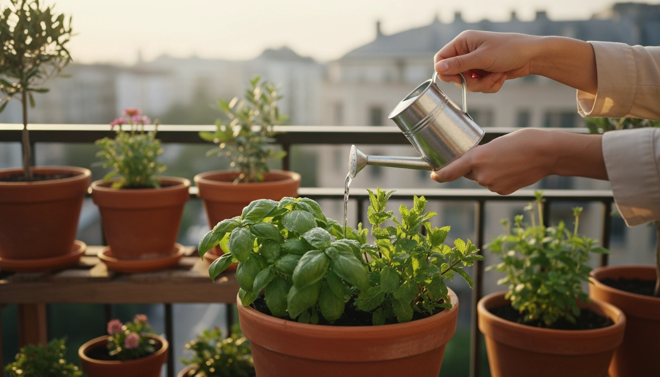 Arroser herbes aromatiques balcon chaleur été : mains tenant un arrosoir au-dessus de pots de basilic et menthe au lever du soleil