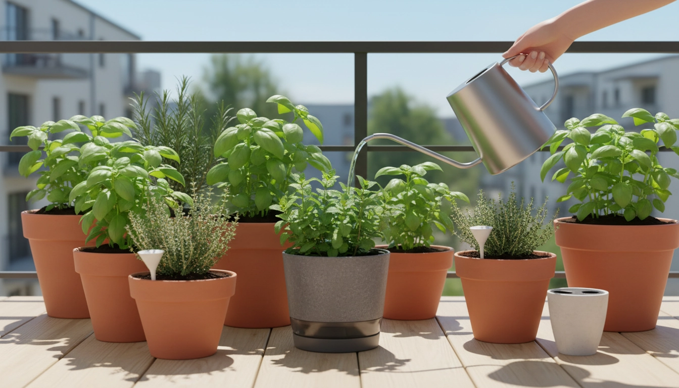 Arroser herbes aromatiques balcon chaleur été avec un arrosoir au pied des pots