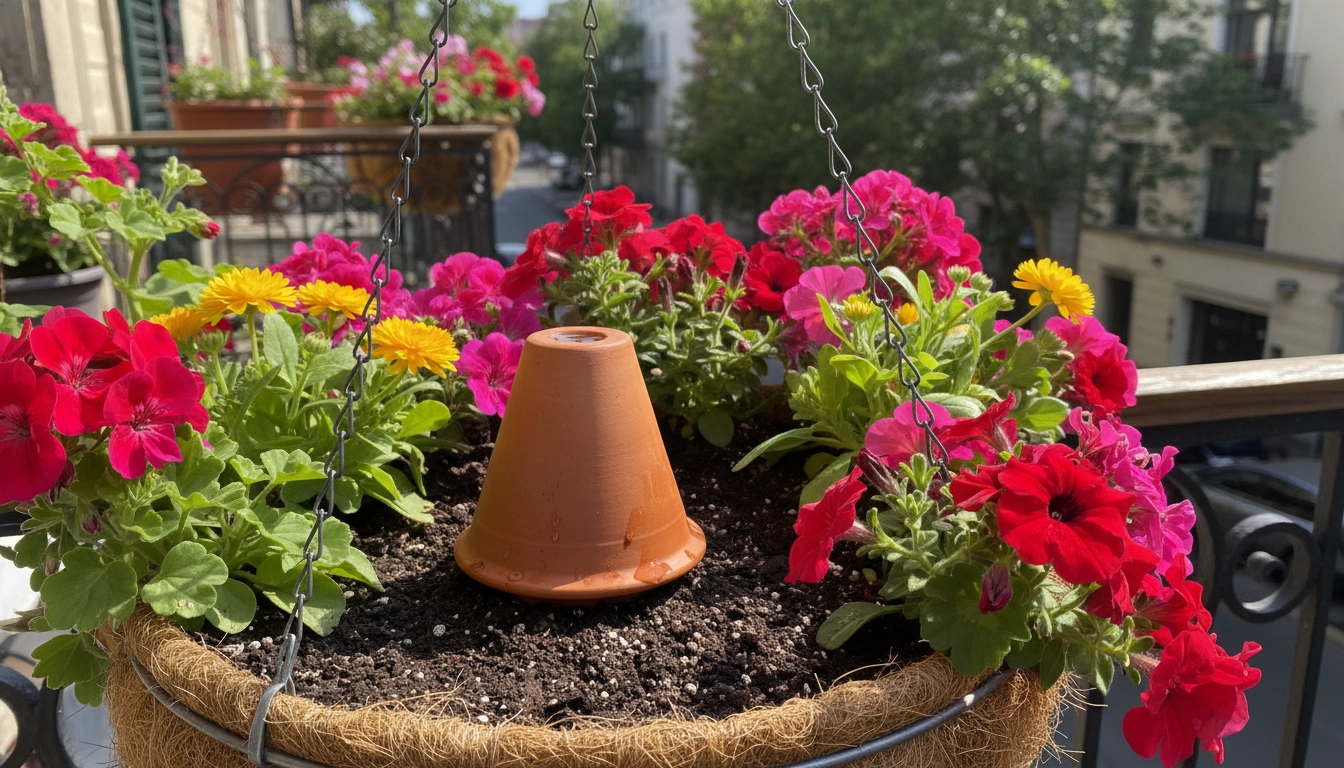 Cône d'arrosage en terre cuite dans une jardinière suspendue de balcon pour arroser sans gaspiller eau