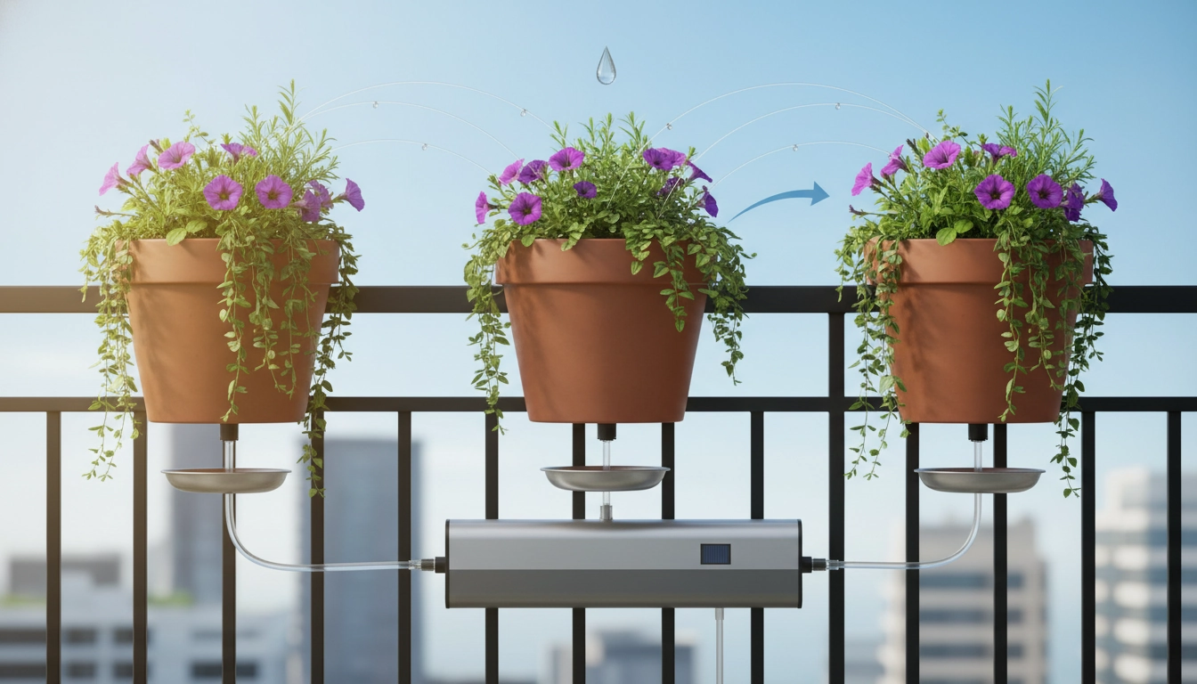 Jardinières suspendues colorées sur un balcon urbain en été, technique d'arrosage économique