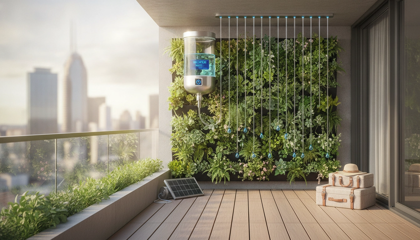 Un mur végétal luxuriant sur un balcon avec un système d'irrigation automatique pour arroser mur végétal balcon en vacances.